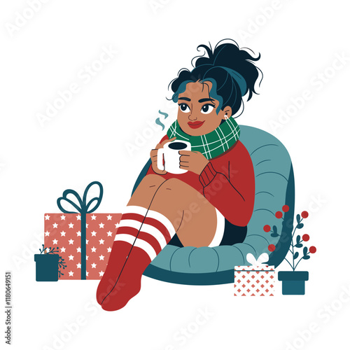 a cozy girl and tea in christmas Illustration