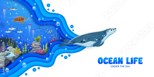 Paper cut underwater landscape with sea animals, fish and seaweed. Vector 3d paper cut layered wave with cartoon fur seal, jellyfish and mackerel, sea turtle, stingray and urchin characters