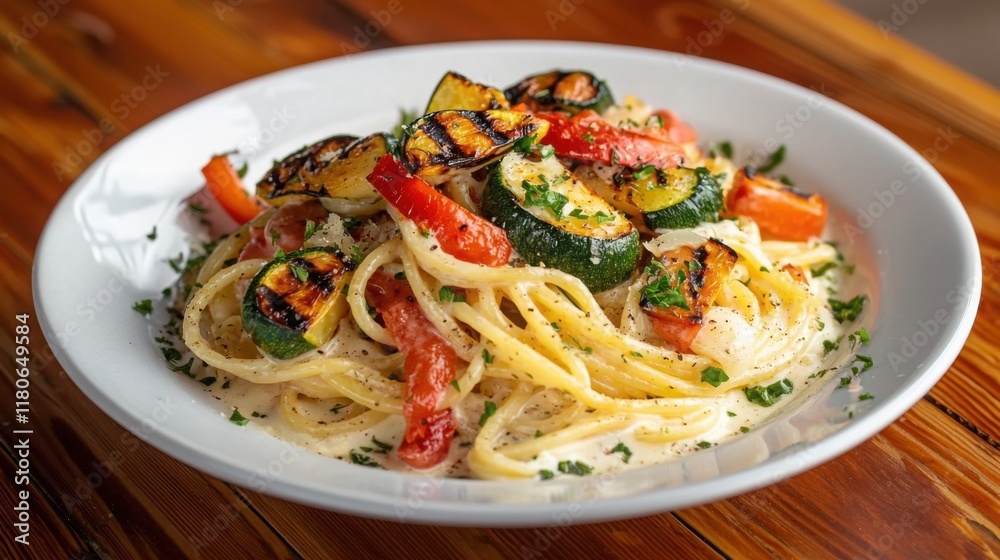 A delicious plate of spaghetti with grilled vegetables, featuring vibrant colors and a creamy sauce, served in a white bowl on a wooden table. A delicious plate of spaghetti with grilled vegetables, featuring vibrant colors and a creamy sauce, served in a white bowl on a wooden table.