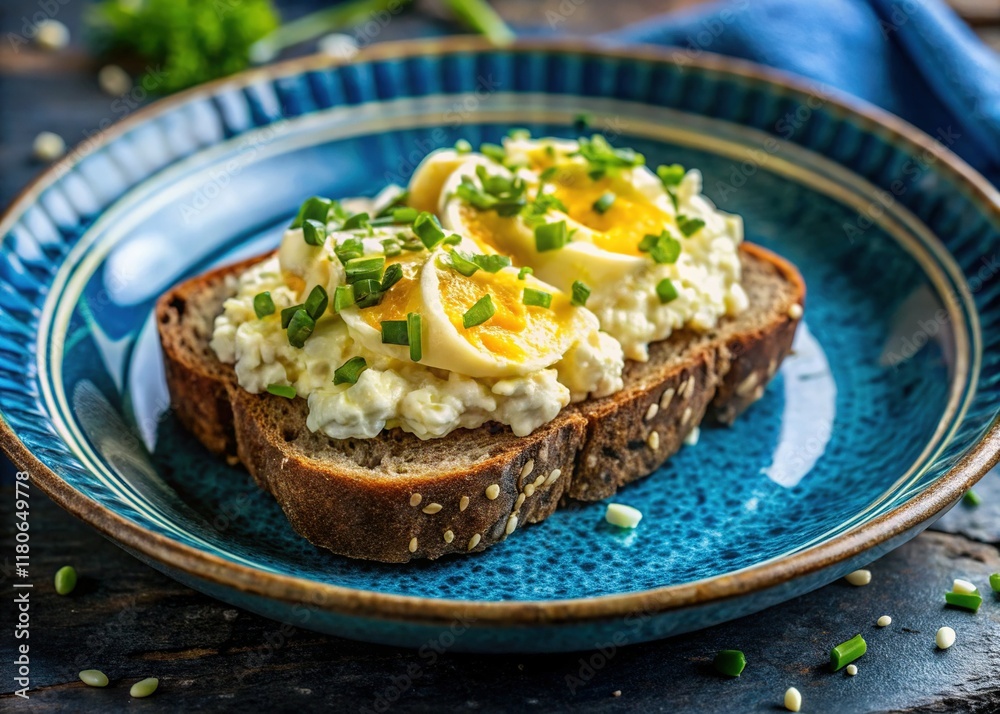 Macro Photo: Rustic Rye Bread, Egg Salad, Sesame Seeds on Blue Ceramic Plate Macro Photo: Rustic Rye Bread, Egg Salad, Sesame Seeds on Blue Ceramic Plate