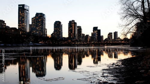 Cityscape Dusk  Modern Skyline Reflection  Urban Architecture  Evening Panorama