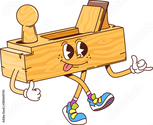 Groovy jointer plane, work tool cartoon character for building, DIY and repair, comic vector. Groovy jointer plane with funny face and funky tongue out smile for carpentry DIY cartoon work tool