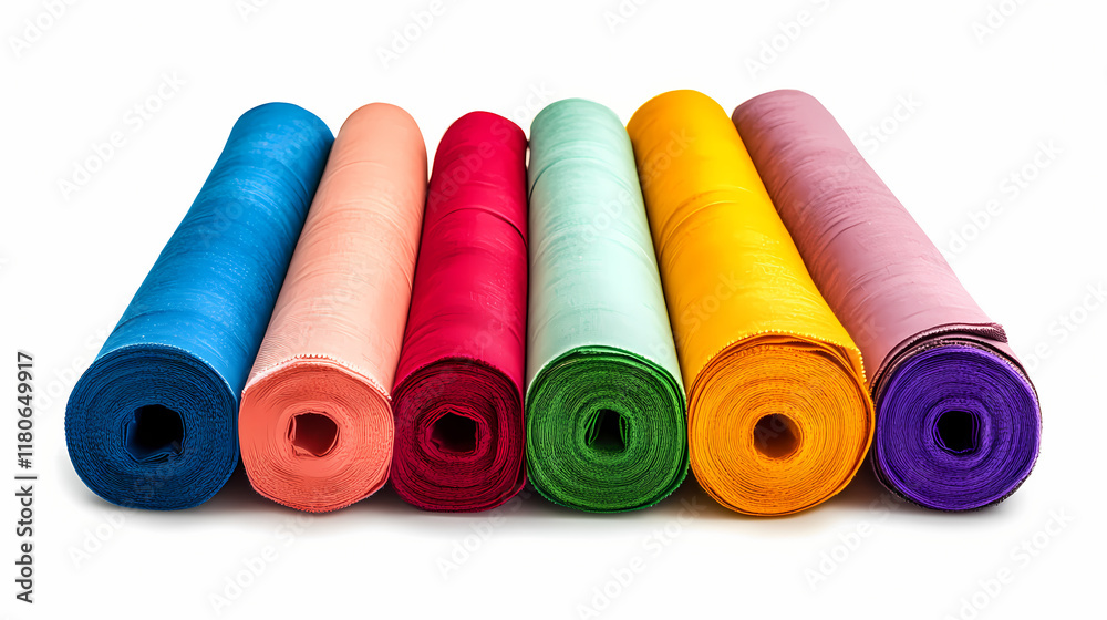 Rolls of variety color fabric isolated on white background. Snowwoven. Illustration