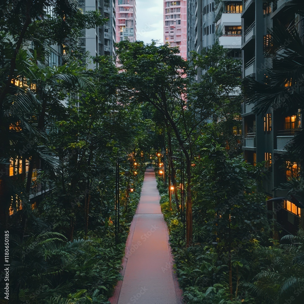 Naklejka premium Serene Twilight Cityscape Lush Greenery Modern Buildings Walkway