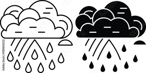 Rainy Clouds Weather Icons, Line Art, Black, White, Rain, Drops, Precipitation, Meteorology, Storm