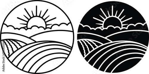 Sunrise Over Rolling Farmland Rustic Line Art Design