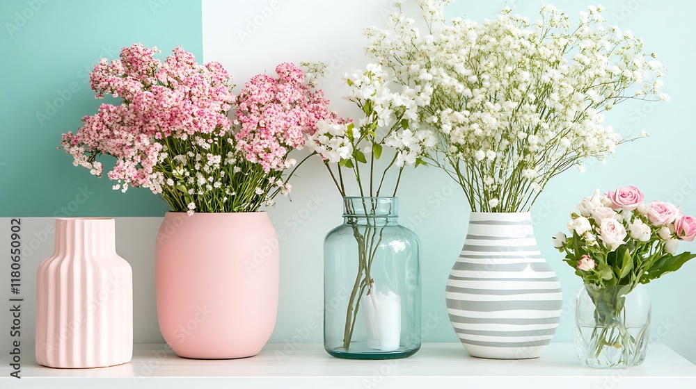 Pastel Flowers in Stylish Vases on White Shelf Pastel Flowers in Stylish Vases on White Shelf