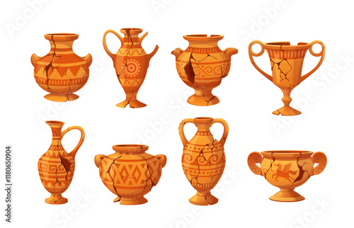Antique vases or ancient Greek jug pitchers and ceramic amphora pots, vector icons. Archeology museum ceramic vases or ancient pottery jugs and pitchers of clay with ornament and broken piece cracks