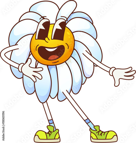 Groovy daisy chamomile flower funny character. Cartoon vector y2k blossom with white petals and yellow center. Summer garden bloom hippie personage with smiling face evoking retro spirit of 60s or 70s