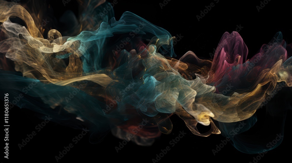 Obraz premium A luxurious abstract artwork with flowing, smoke-like tendrils in deep velvety hues of burgundy, emerald green, and sapphire blue against a matte black background.