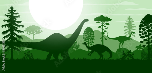 Prehistoric dinosaurs and trees silhouettes. Jurassic dino animals and reptiles vector background with silhouettes of brontosaurus, elmisaurus and jaxartosaurus, prehistoric forest, mountains, trees