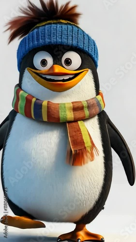 Friendly cartoon penguin wearing a blue hat and colorful scarf against a light background photo