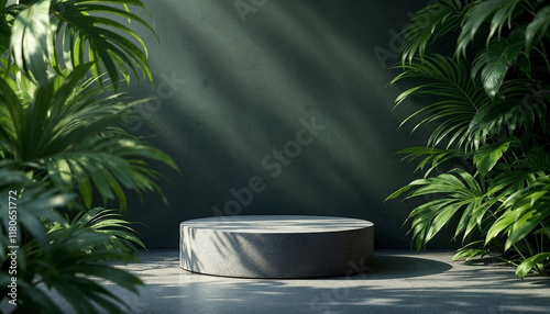 A tropical beach scene with a palm tree reflected in a pool and a coffee cup on a table by the water photo