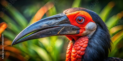 Majestic Southern Ground Hornbill: Close-up Portrait with Sharp Focus and Deep Depth of Field photo