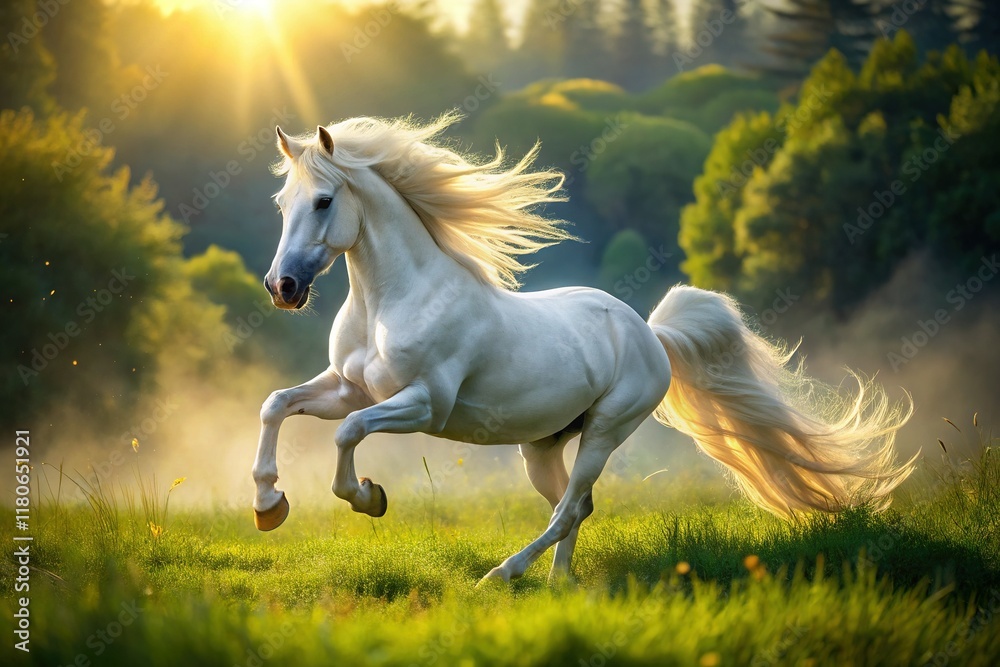Fototapeta premium Majestic White Horse Galloping in Verdant Meadow - Stunning Equestrian Stock Photo