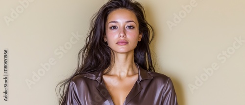Beautiful Woman with Long Hair in Brown Silk Shirt  Studio Portrait