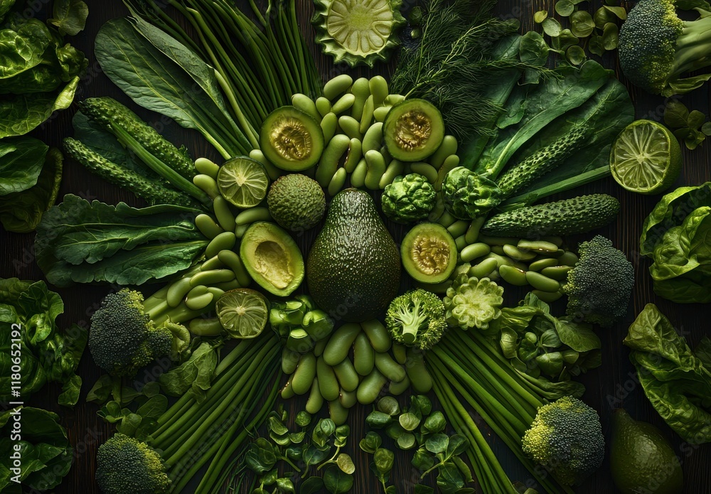 Fototapeta premium Fresh Green Vegetables Composition on Dark Background: Avocado, Broccoli, Cucumbers, Limes, Lettuce, and More for Healthy Eating and Vegetarian Concepts