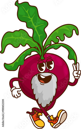 Cartoon groovy beetroot Halloween wizard vegetable character. Isolated vector whimsical beet magician personage struts with a playful smile, sporting a gray beard and sneakers, displays a peace sign