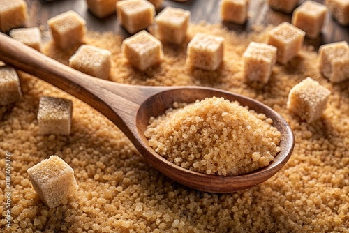 Minimalist Brown Sugar: Wooden Spoon & Cubes Stock Photo