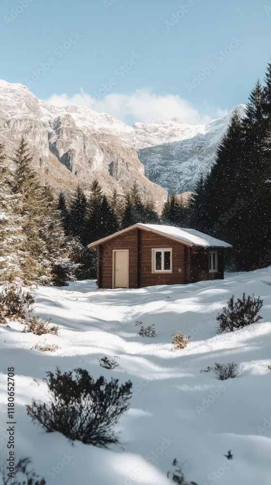 Naklejka premium Snowy Mountain Cabin Winter Wonderland Secluded Log House in Snow