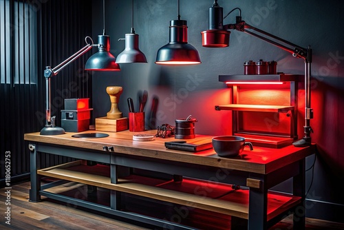 Minimalist Darkroom: Well-Equipped Photographer's Studio Workbench photo