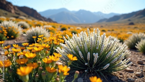 Argillaceous sagebrush with blooming wildflowers in sunlight, desert landscape, wildflowers