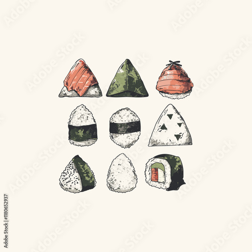 set of onigiri traditiona japan food design vector template