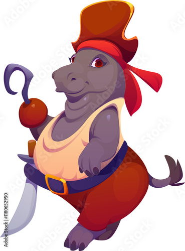 Cartoon funny hippo pirate animal character clad in tricorn hat and grinning broadly. Isolated vector hippopotamus personage with a hook hand and sword exudes a jovial, adventurous revelry spirit