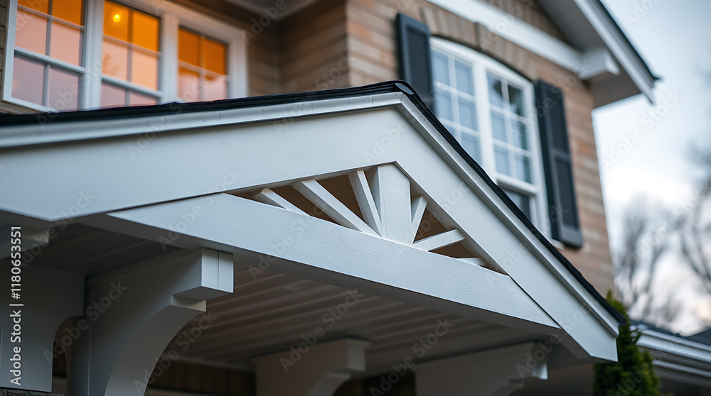 Fototapeta premium Close-up view of a house's white porch roof detail, featuring an ornamental sunburst design. The background shows a brick house with windows and shutters.