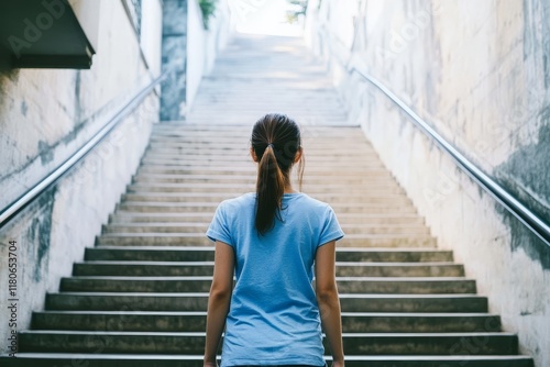 A stylish ascent: a girl in blue climbs the stairs.