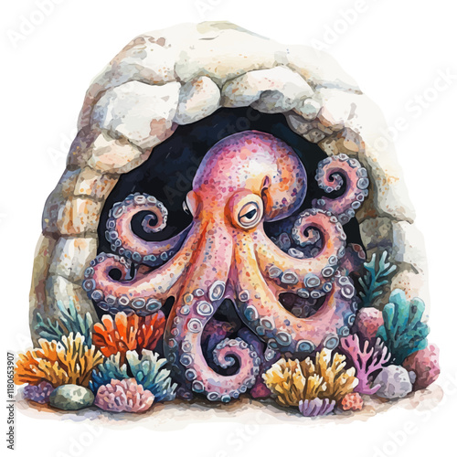 A watercolor vector of an octopus hiding in a coral cave, isolated on a white background. Octopus vector.
