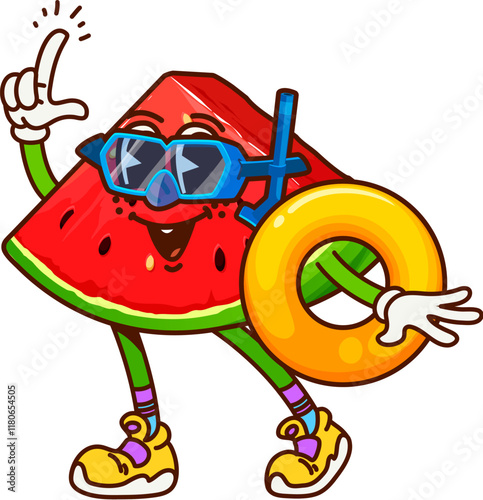 Groovy cartoon watermelon cute character swimming and diving. Summer juicy fruit cheerful groovy isolated vector character, watermelon piece cute mascot in diving mask and swimming inflatable ring