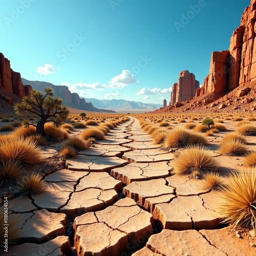 Drought-stricken landscape with withered plants, cracked, dry, ruin