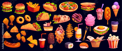 Cartoon fast food burgers, sandwiches or snacks and meals, vector icons. Cartoon fast food cheeseburger with popcorn and sushi, burrito with taco and grill chicken nuggets or pizza and milkshake drink