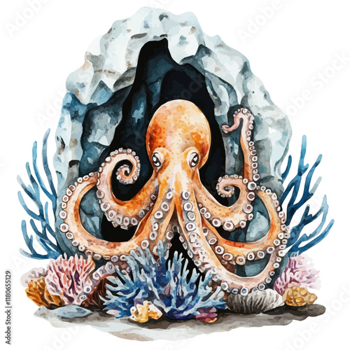 A watercolor vector of an octopus hiding in a coral cave, isolated on a white background. Octopus vector.
