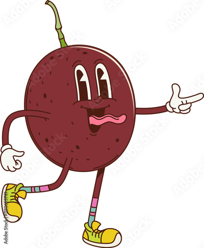 Cartoon retro groovy passion fruit character. Isolated vector funky tropical food personage joyfully teasing and flashing finger gun gesture with sticking tongue radiating playful energetic vibe
