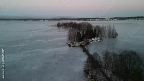 Aerial view of winter landscapes with snow-covered forest in Finland