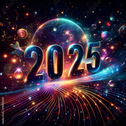 2025 Festive Lights for a New Year Countdown Bright Neon New Year 2025 Celebration Design Stunning 2025 New Year Fireworks and Starry Glow