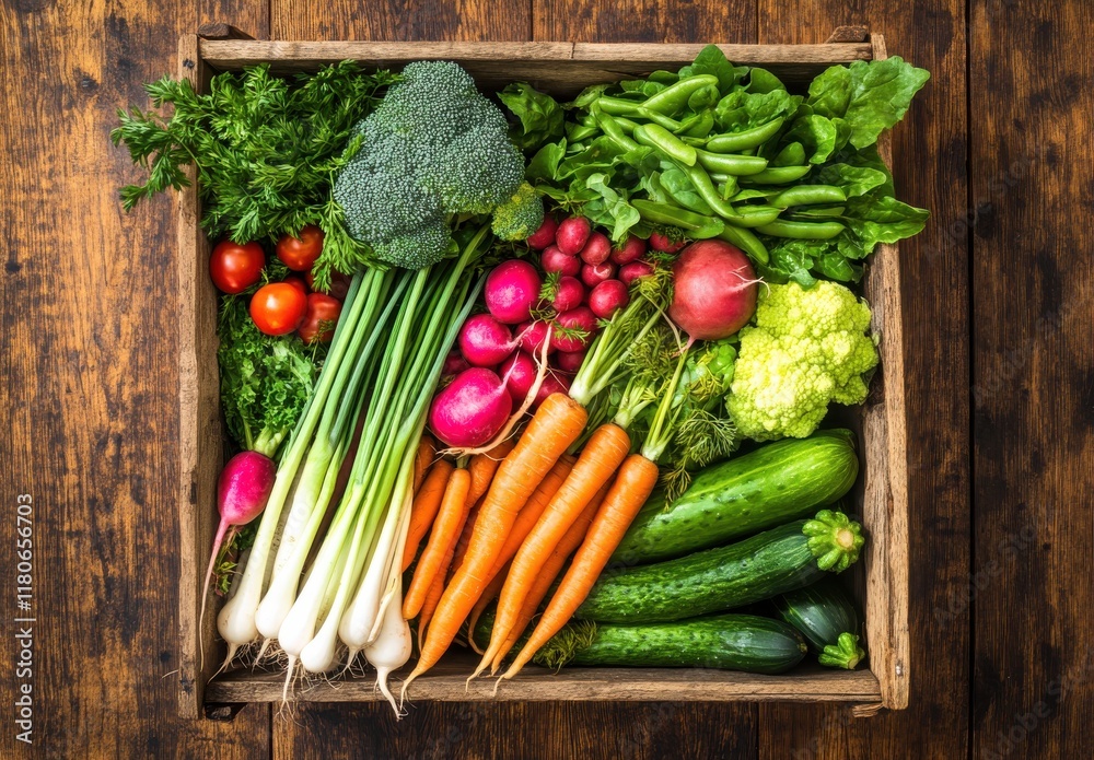 Fresh Organic Vegetables in a Rustic Wooden Box Ideal for Healthy Cooking and Nutrition, Featuring Broccoli, Carrots, Radishes, Cucumbers, and More for Vibrant Dishes Fresh Organic Vegetables in a Rustic Wooden Box Ideal for Healthy Cooking and Nutrition, Featuring Broccoli, Carrots, Radishes, Cucumbers, and More for Vibrant Dishes