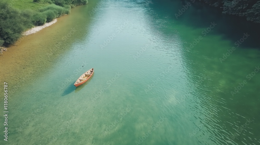 Serene Aerial View of Canoe on Turquoise River Serene Aerial View of Canoe on Turquoise River