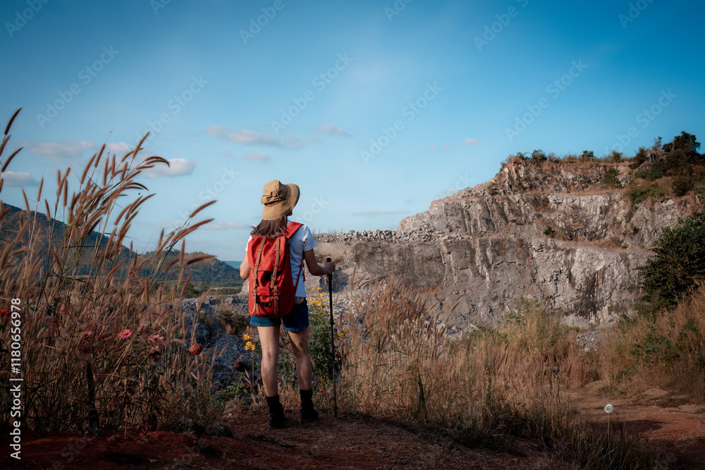 Naklejka premium Hikers or explorers on journey carrying backpack, trekking poles looks into the distance observing and possibly guide trekking and trail exploration holiday ecotourism concept.