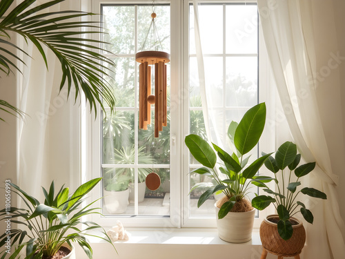 Wooden small Wind chimes, living room, window, cozy room, wind, tropical plants, light colours, lots of light, garden view, peaceful sunlight coming in, minimalist, meditation, crystal stones, off whi