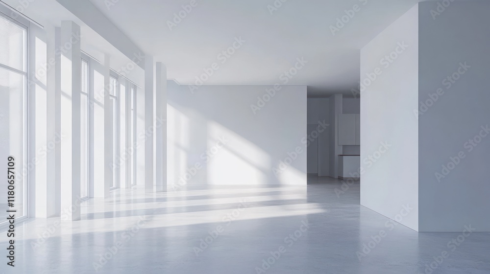 Obraz premium A spacious, minimalist interior with large windows allowing natural light.