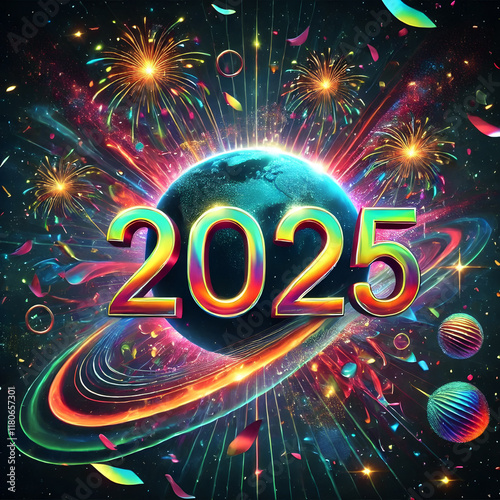 2025 Festive Lights for a New Year Countdown Bright Neon New Year 2025 Celebration Design Stunning 2025 New Year Fireworks and Starry Glow