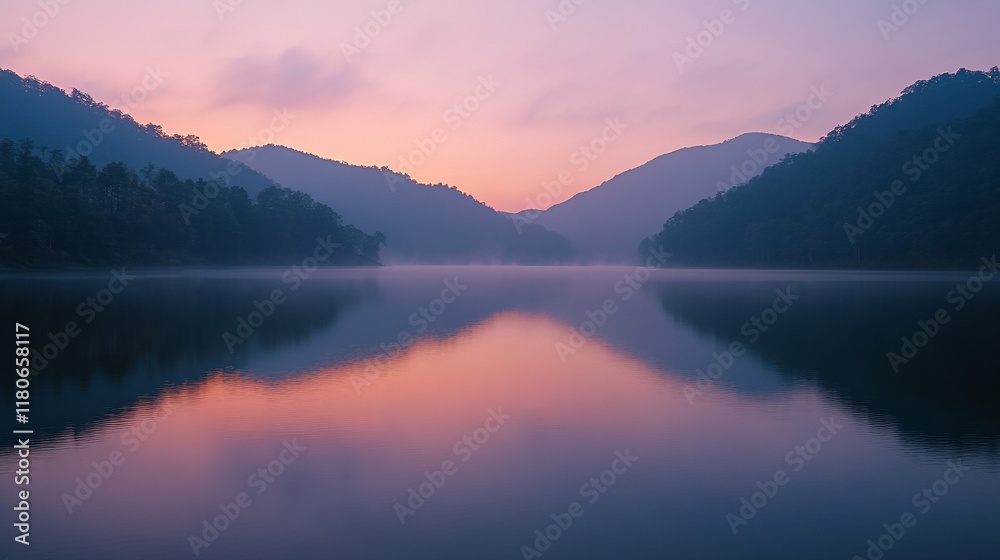 Fototapeta premium Serene sunrise over a calm lake reflecting pastel colors in misty mountains.