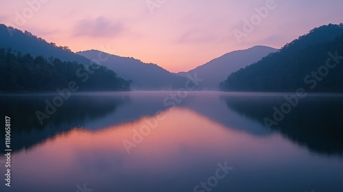 Wallpaper Mural Serene sunrise over a calm lake reflecting pastel colors in misty mountains. Torontodigital.ca