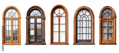 A collection of rustic wooden windows with arched frames in various styles and shapes, featuring a vintage aesthetic