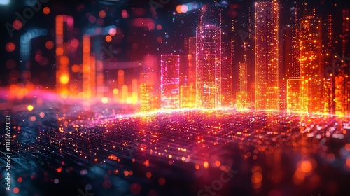 Futuristic city skyline with glowing lights and vibrant digital effects at night