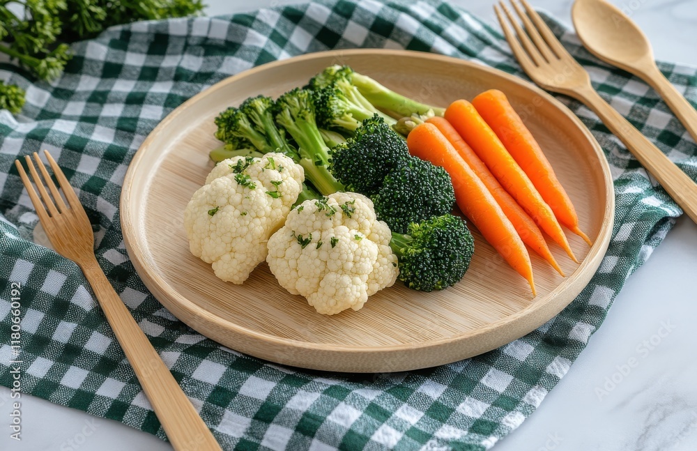 Fresh Variety of Vegetables on a Wooden Plate Placed on a Checked Tablecloth, Ideal for Healthy Eating and Cooking Inspiration Fresh Variety of Vegetables on a Wooden Plate Placed on a Checked Tablecloth, Ideal for Healthy Eating and Cooking Inspiration