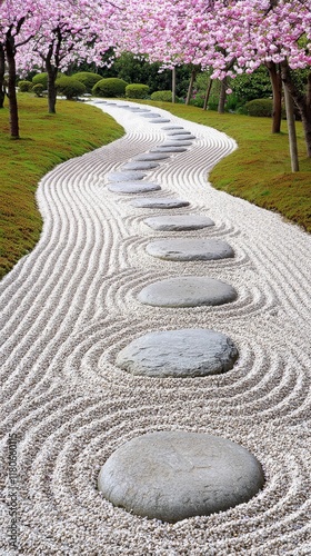Serene Stone Path in a Japanese Garden with Cherry Blossoms